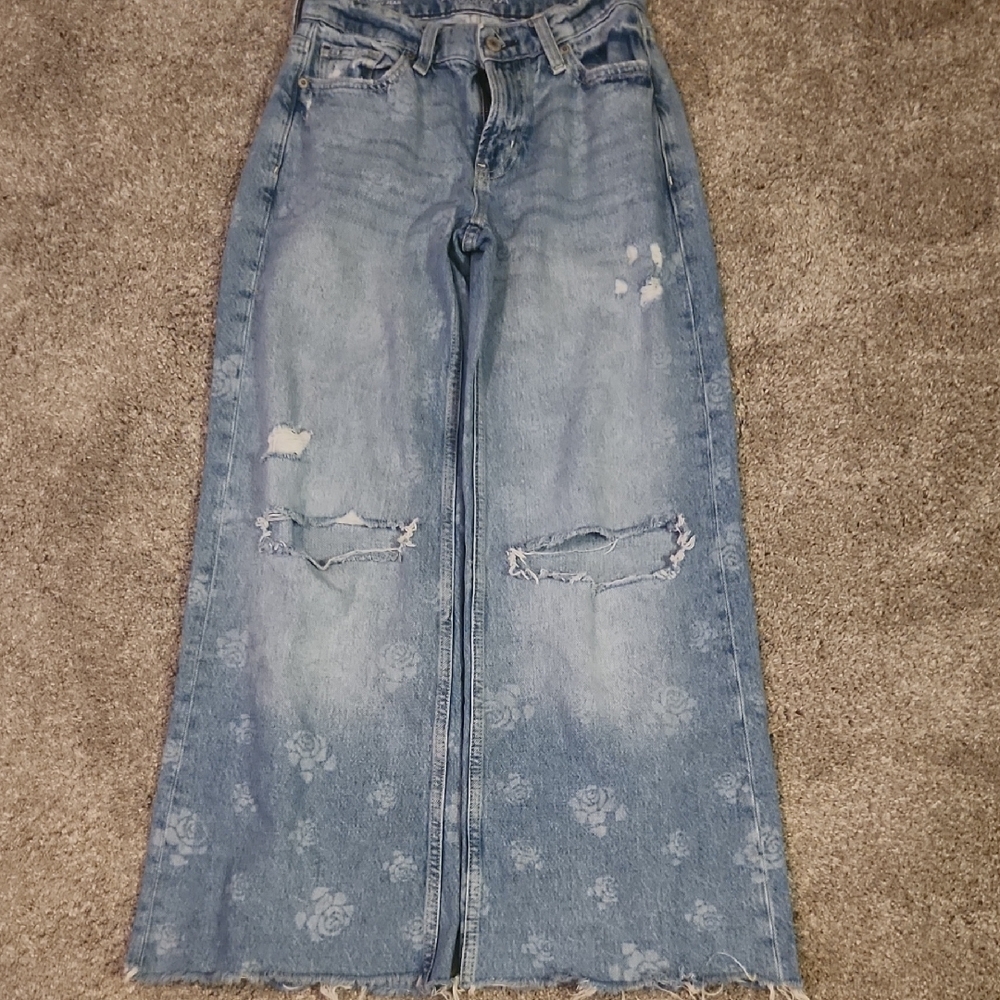 Arizona Jean Cottagecore Company Light Blue Floral Distressed Wide Leg Jeans